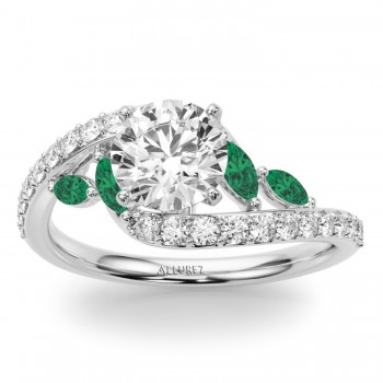 Swirl Design Lab Grown Diamond & Marquise Lab Emerald Bridal Ring Set 14K White Gold (0.96ct)